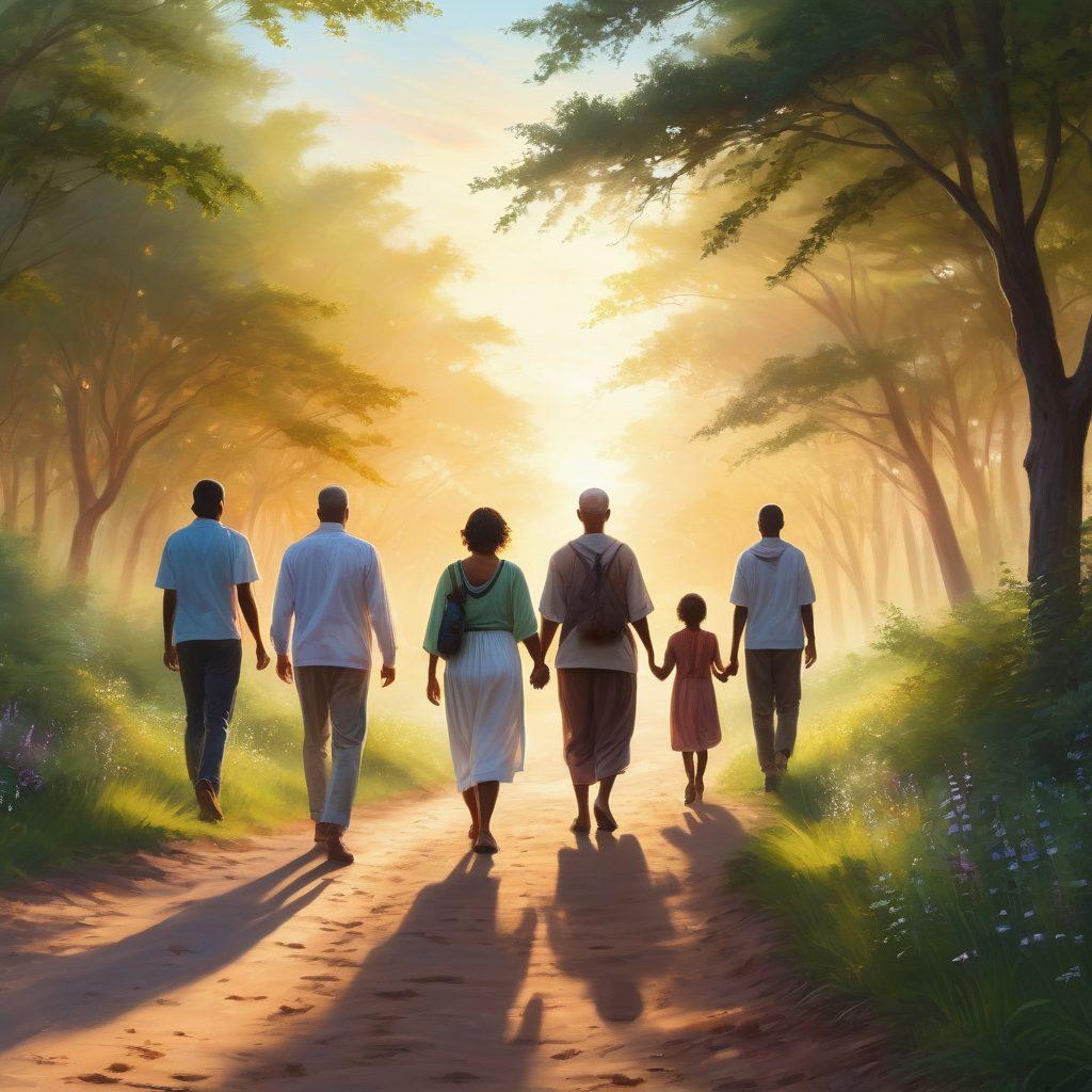 A serene scene depicting a diverse group of individuals on a journey, symbolizing strength and support. The path ahead is illuminated with soft light, guiding them through lush greenery, with subtle hints of cancer awareness ribbons fluttering in the breeze. In the background, a sunrise symbolizes hope and new beginnings. The atmosphere is warm and inviting, encouraging a sense of community and resilience. vibrant colors. painting.