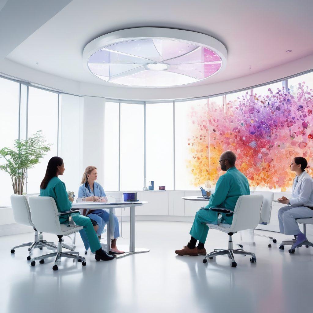 An ethereal scene showcasing a diverse group of medical professionals discussing various cancer therapies in a bright, modern clinic. Surround them with vibrant graphics illustrating different treatment types, such as chemotherapy, immunotherapy, and targeted therapy. Include elements like colorful cells, DNA strands, and healing light to symbolize hope and innovation. Add a sense of collaboration and unity among the professionals, with warm, inviting colors. super-realistic. vibrant colors. white background.