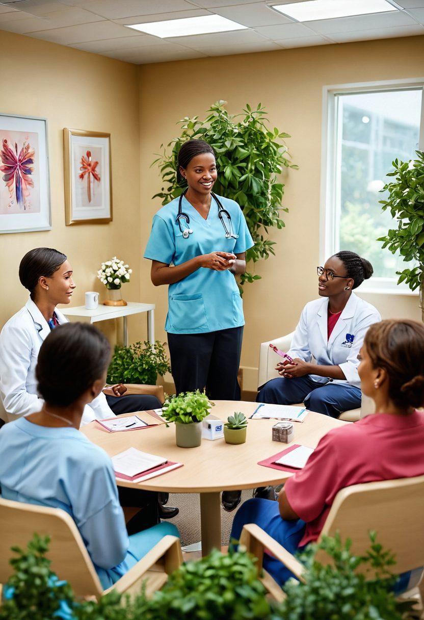 A compassionate healthcare professional discussing cancer treatment options with a diverse group of patients in a warm, supportive environment. Include symbols of awareness like ribbons, and visual representations of different therapies such as chemotherapy and radiation. Showcase a community support setting with comforting elements like plants and inviting seating. The atmosphere should radiate hope and encouragement. super-realistic. vibrant colors. 3D.